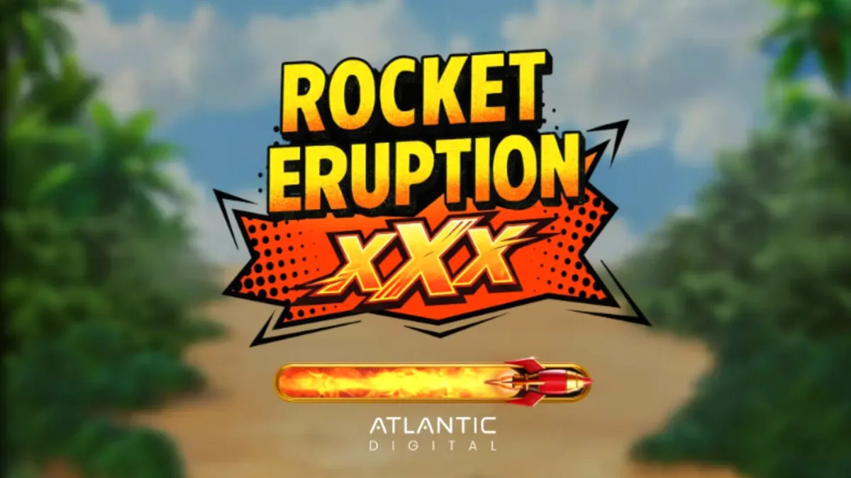 Rocket Eruption XXX سلاٹ گیم کا ایک منظر جس میں آتش فشاں اور راکٹ دکھائے گئے ہیں۔